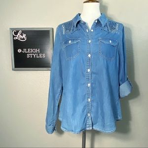 Metal Stud Embellished Denim Button Up Shirt Lg